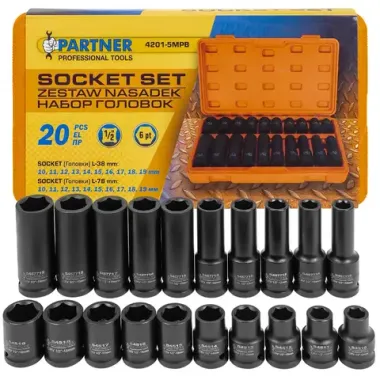 Головки ударные, набор 20пр., 1/2''(6гр.) Partner PA-4201-5MPB
