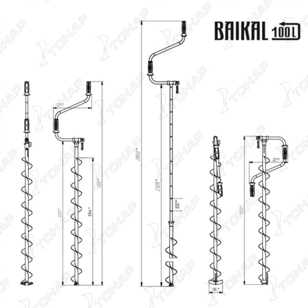 Ледобур BAIKAL 100L левое вращение, L шнека1065мм, глубина 2,3м, цельнотянутый шнек (LBA-100L) Тонар