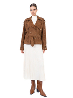 Женская коричневая замшевая куртка-косуха с поясом