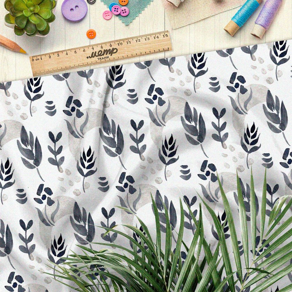 Ткань кулирная гладь чёрные акварельные листья на белом фоне