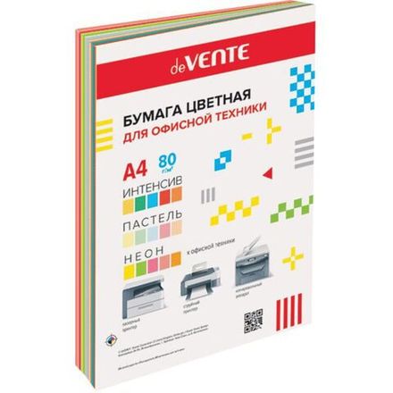 Бумага цветная А4, 80г/м2, deVente Пастель+Интенсив+Неон, 60л, 15цв. микс