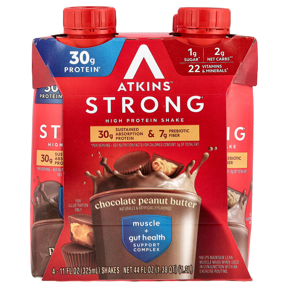 Atkins, Strong, высокопротеиновый коктейль, шоколадно-арахисовая паста, 4 коктейля, 325 мл (11 жидк. унц.)