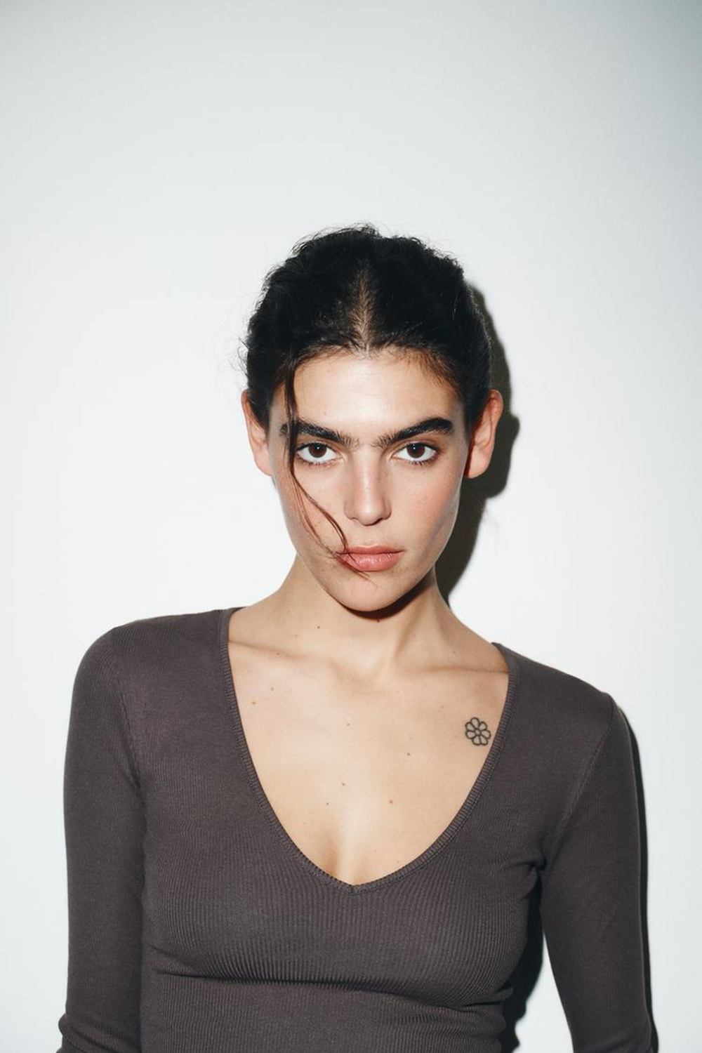 ZARA ТОП В РУБЧИК С ДЛИННЫМИ РУКАВАМИ, КОРИЧНЕВЫЙ