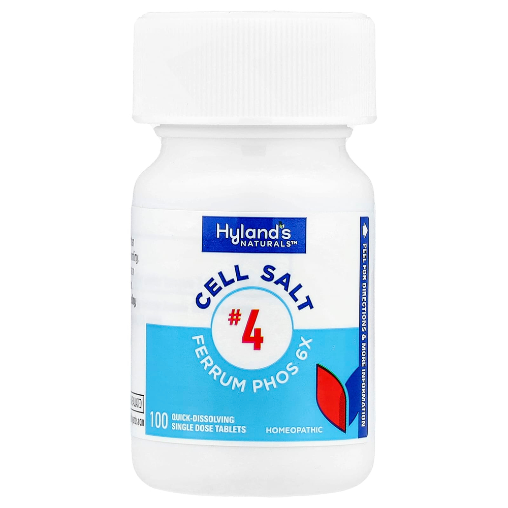Hyland's Naturals, Cell Salt # 4, Ferrum Phos 6X, 100 быстрорастворимых одиночных таблеток