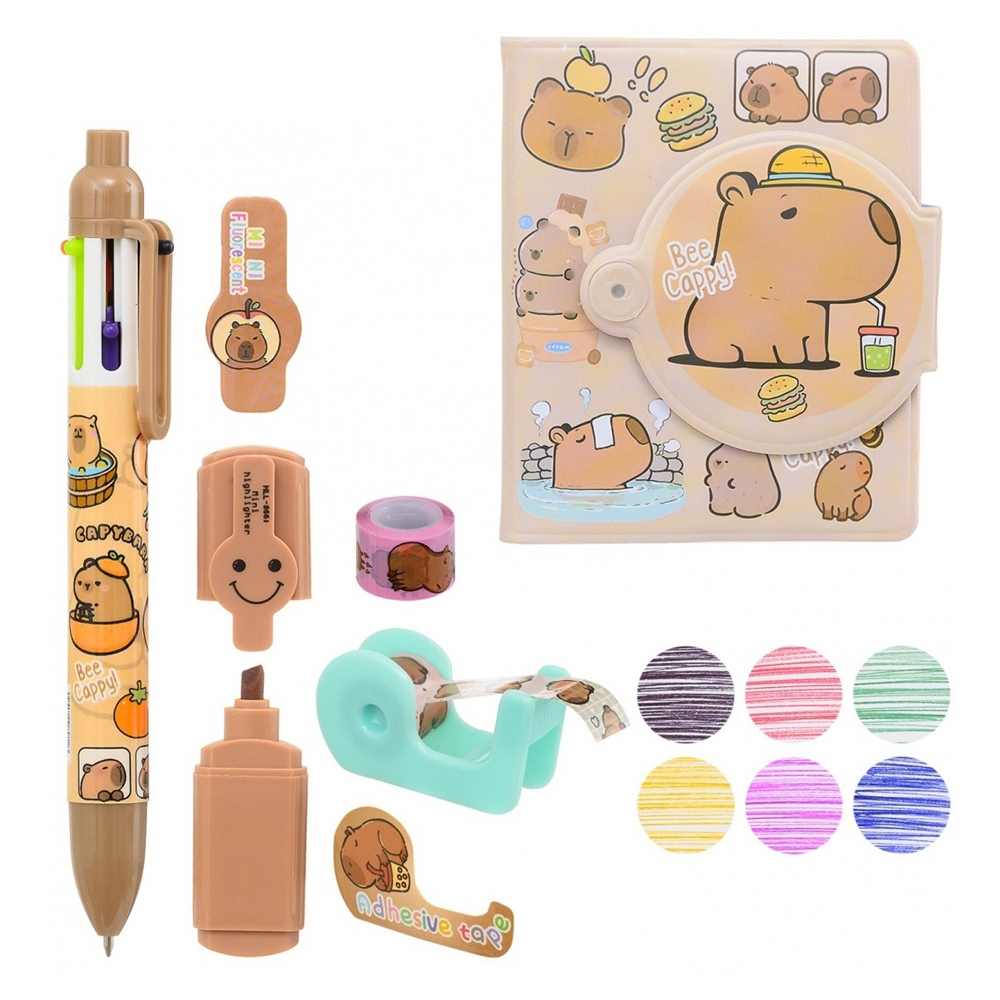 Канцелярский набор Basir с цветным текстовыделителем, 6-ти цветной ручкой, скотчем и блокнотом, серия "Капибара", ассорти, 19.5*11.5 см