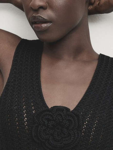 Massimo Dutti Трикотажный топ с цветком, черный