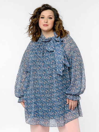 Блуза с бантом, принт на серо-голубом