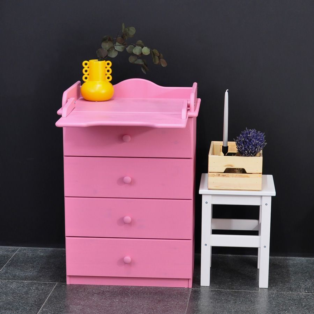 Пеленальный комод деревянный Алиса с откидным столиком, 60х44х88 см, детский комод с 4 ящиками для хранения вещей из массива сосны, розовый
