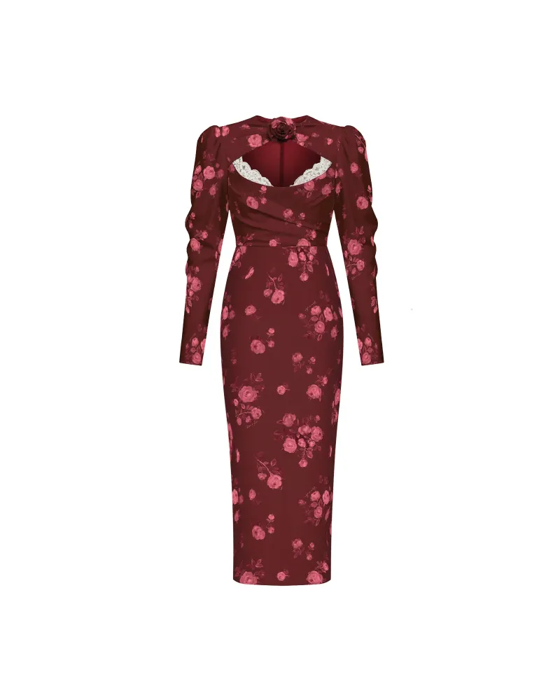 Мейсел миди (Macel midi), платье миди из бордового крепдешина с цветочным принтом