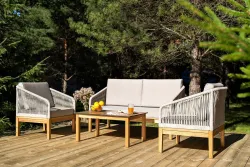 "Канны" лаунж-зона 4-местная из роупа со столиком "Канны" цвета "дуб", основание дуб, роуп бежевый