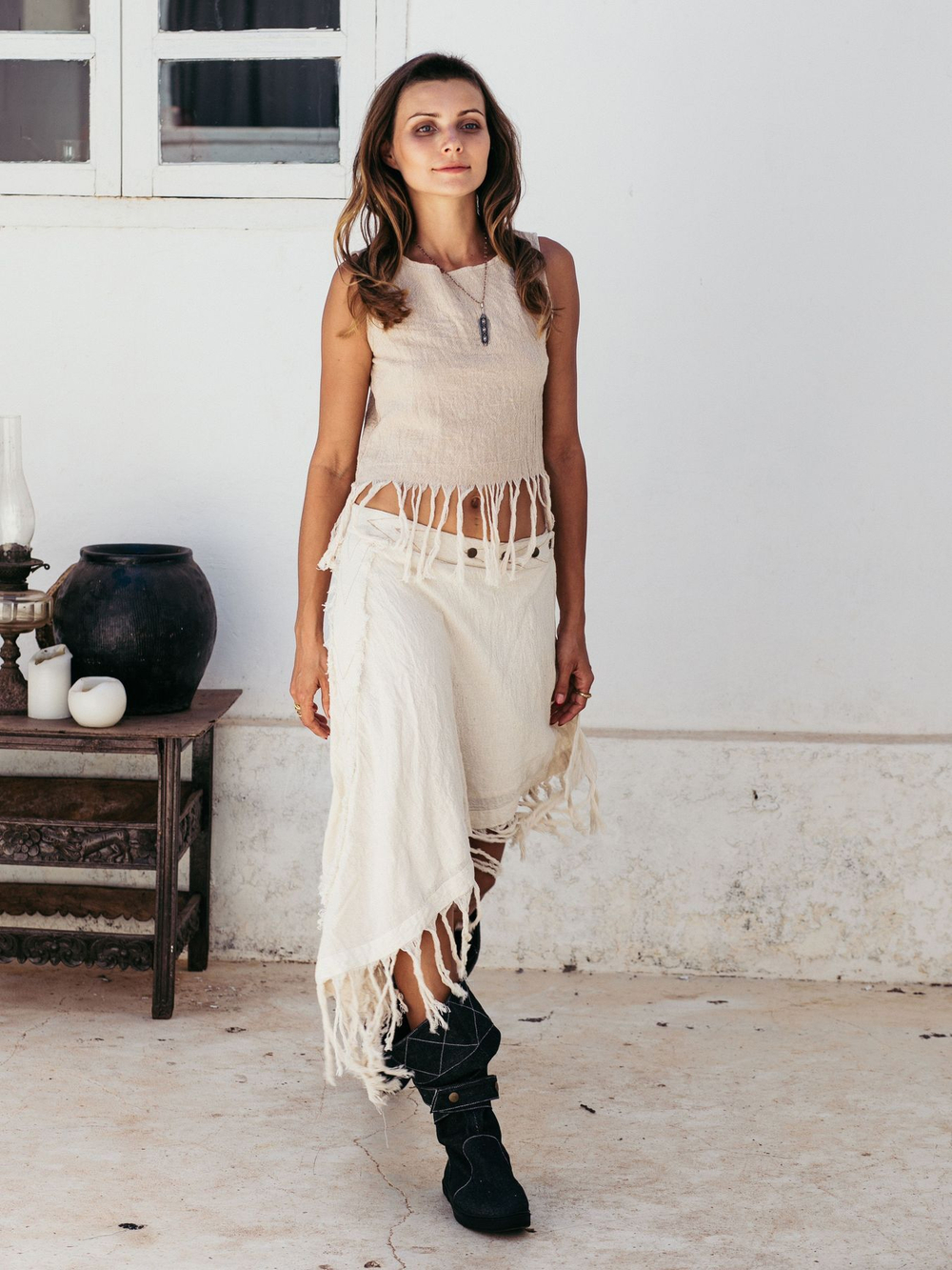 Юбка Chintamani на кнопках с бахромой молочная