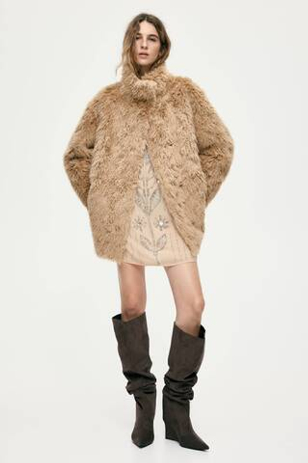 H&M Шуба с воротником-стойкой, темно-бежевый