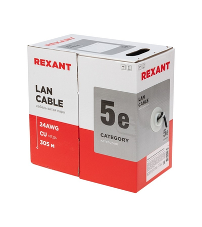 Rexant (01-0065) Кабель витая пара U/UTP, CAT 5e, ZH нг(А)-HF, 4PR, 24AWG, OUTDOOR, SOLID, черный, 305м