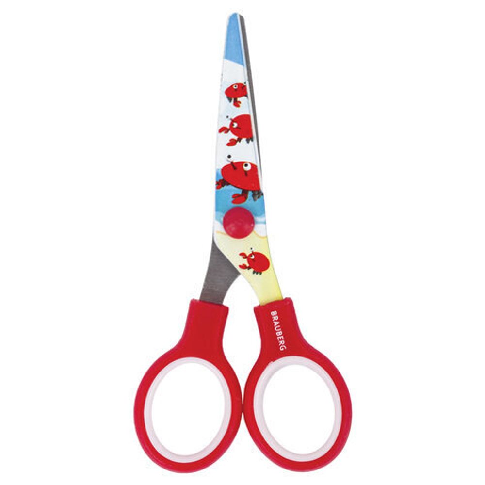 Ножницы BRAUBERG "Kid Series", 130 мм, красные, с цветной печатью "Крабы", закругленные, 23227, 232270