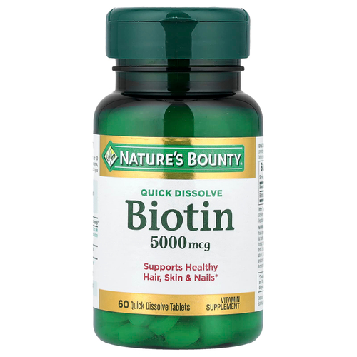 Nature's Bounty, биотин, со вкусом клубники, 5000 мкг, 60 быстрорастворимых таблеток