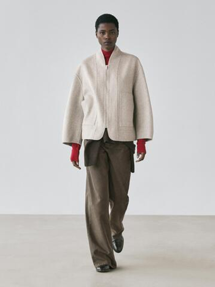 Massimo Dutti Пальто из смесовой шерсти с застежкой-молнией, жемчужно-серый