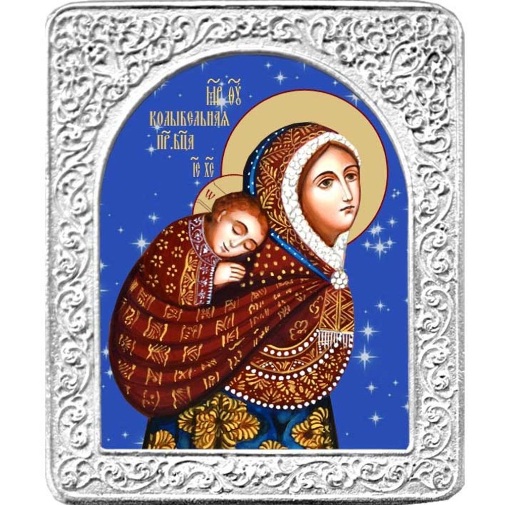 Колыбельная икона Божьей Матери в посеребренной раме.