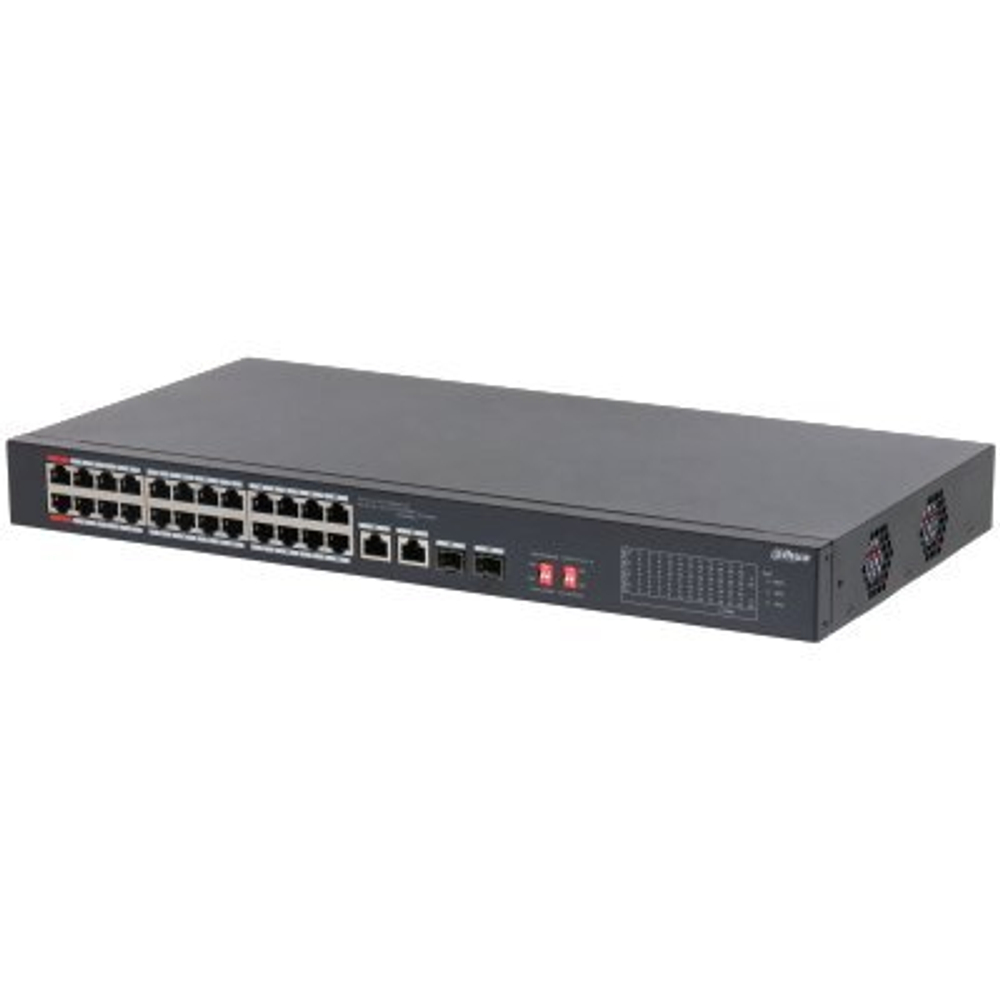 DH-S3226-24ET-240 24-портовый неуправляемый коммутатор с РоЕ, 24 RJ45 10/100Мбит/с (PoE/PoE+/Hi-PoE), 2 комбинированных SFP/RJ45 10/100/1000Мбит/с (uplink)