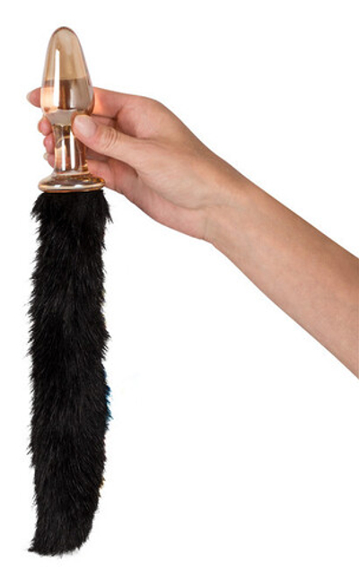 Стеклянная анальная втулка с хвостиком Glas-Plug with tail (Цвет: золотой с черный)