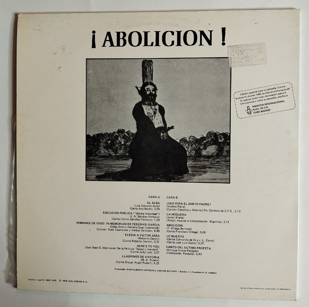 Винтажная виниловая пластинка LP Abolicion Canciones Y Textos Contra La Pena (Spain 1978)