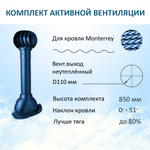Комплект активной вентиляции: Вентиляционный выход D110 не утепленный высота H=500 мм, проходной элемент для металлочерепицы Monterrey, турбодефлектор Ø 110 мм, синий