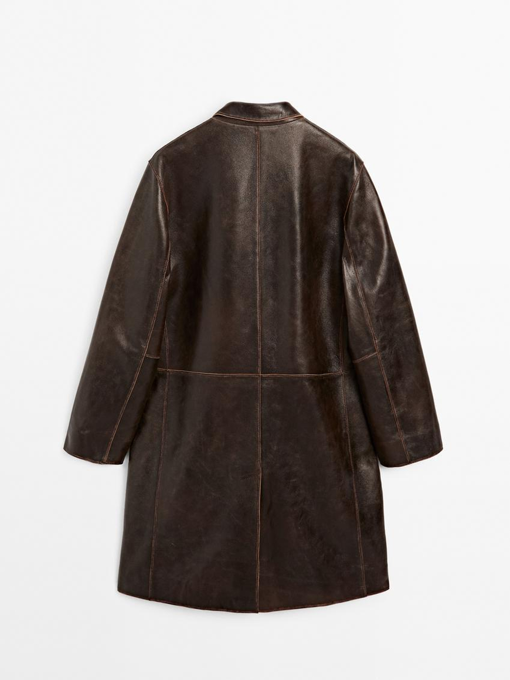 Massimo Dutti Пальто из кожи наппа с эффектом потертости, коричневый