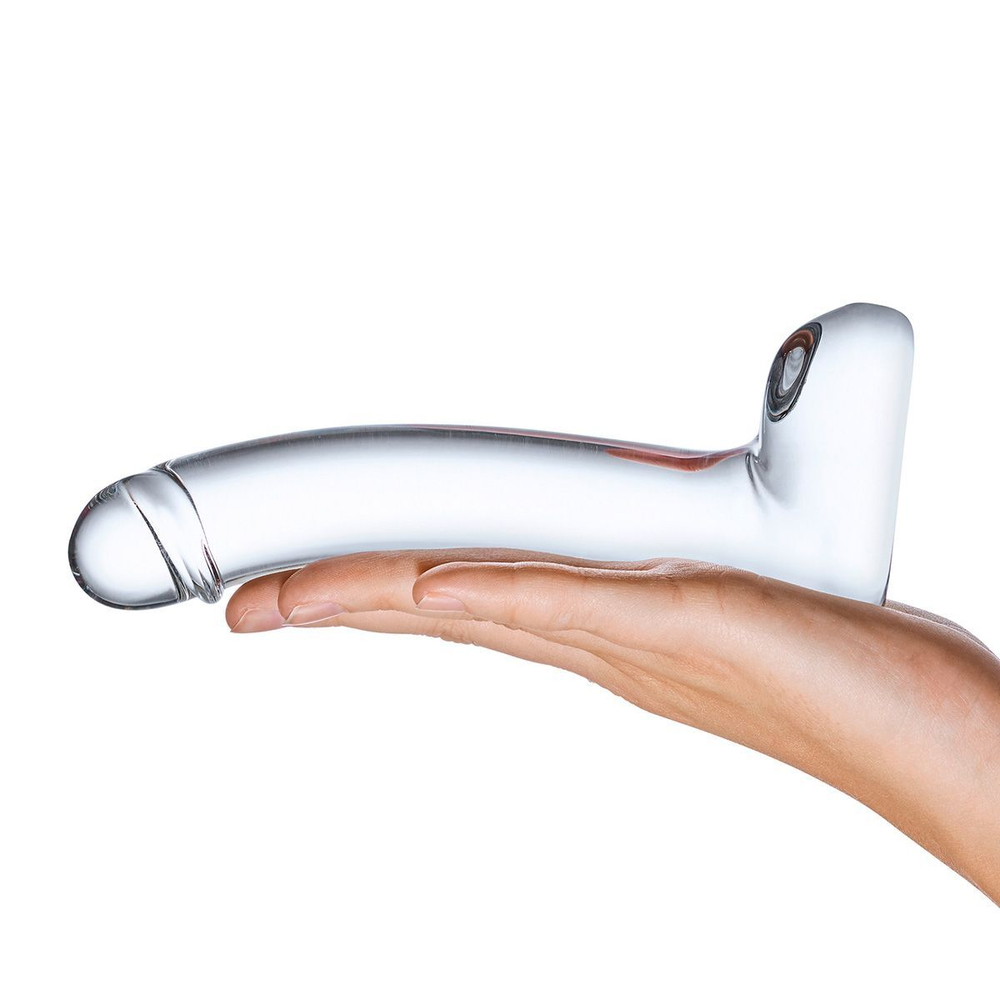 Прозрачный стеклянный фаллос с мошонкой Curved G-Spot - 18 см. (Цвет: прозрачный)