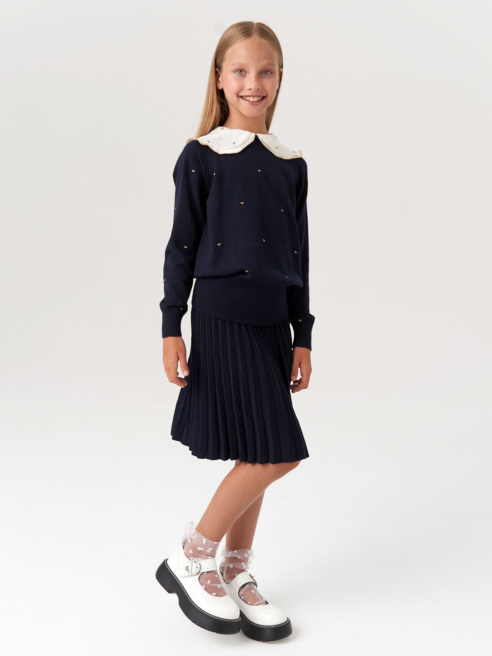 Джемпер для девочки с длинным рукавом AT977-1 синий-золотистый