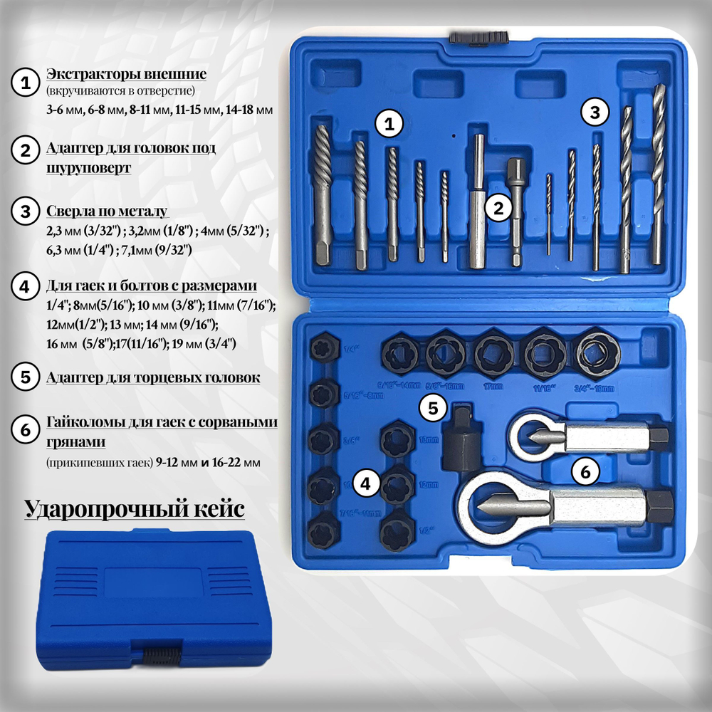 Набор экстракторов и гайколомов для поврежденных болтов и гаек 3/8" 28 предметов