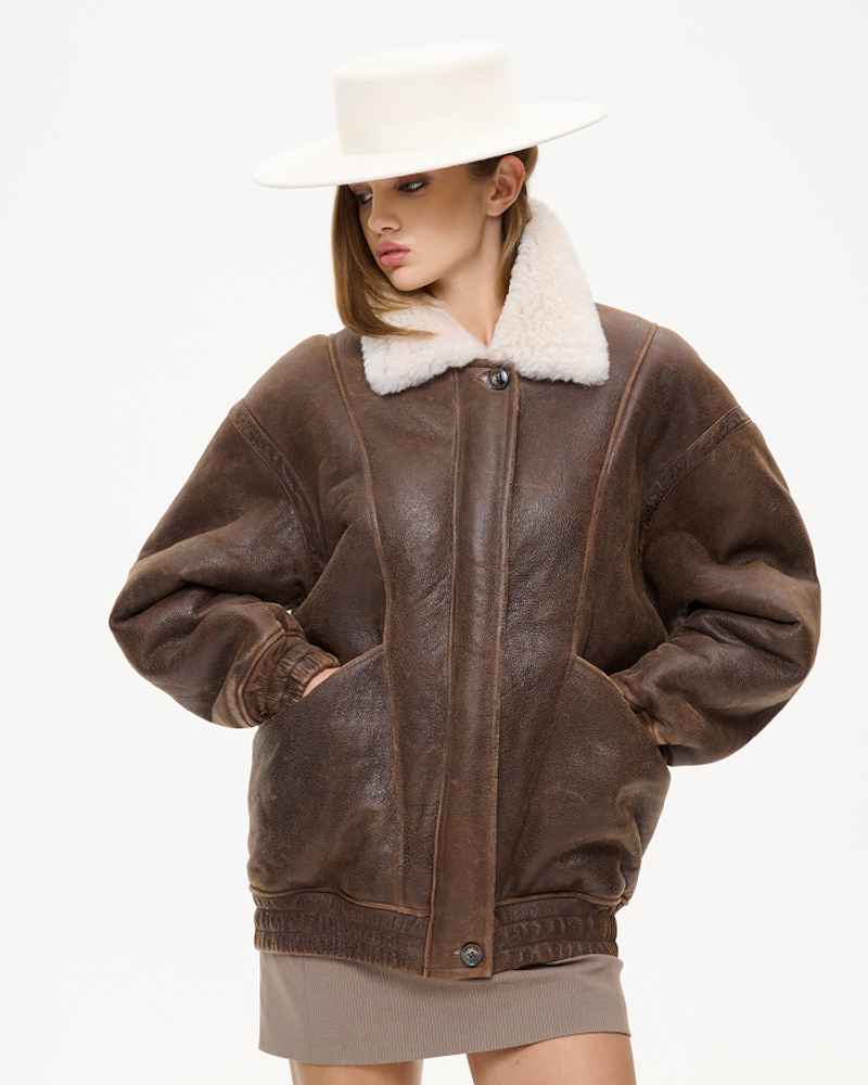 Дублёнка-бомбер свободного кроя