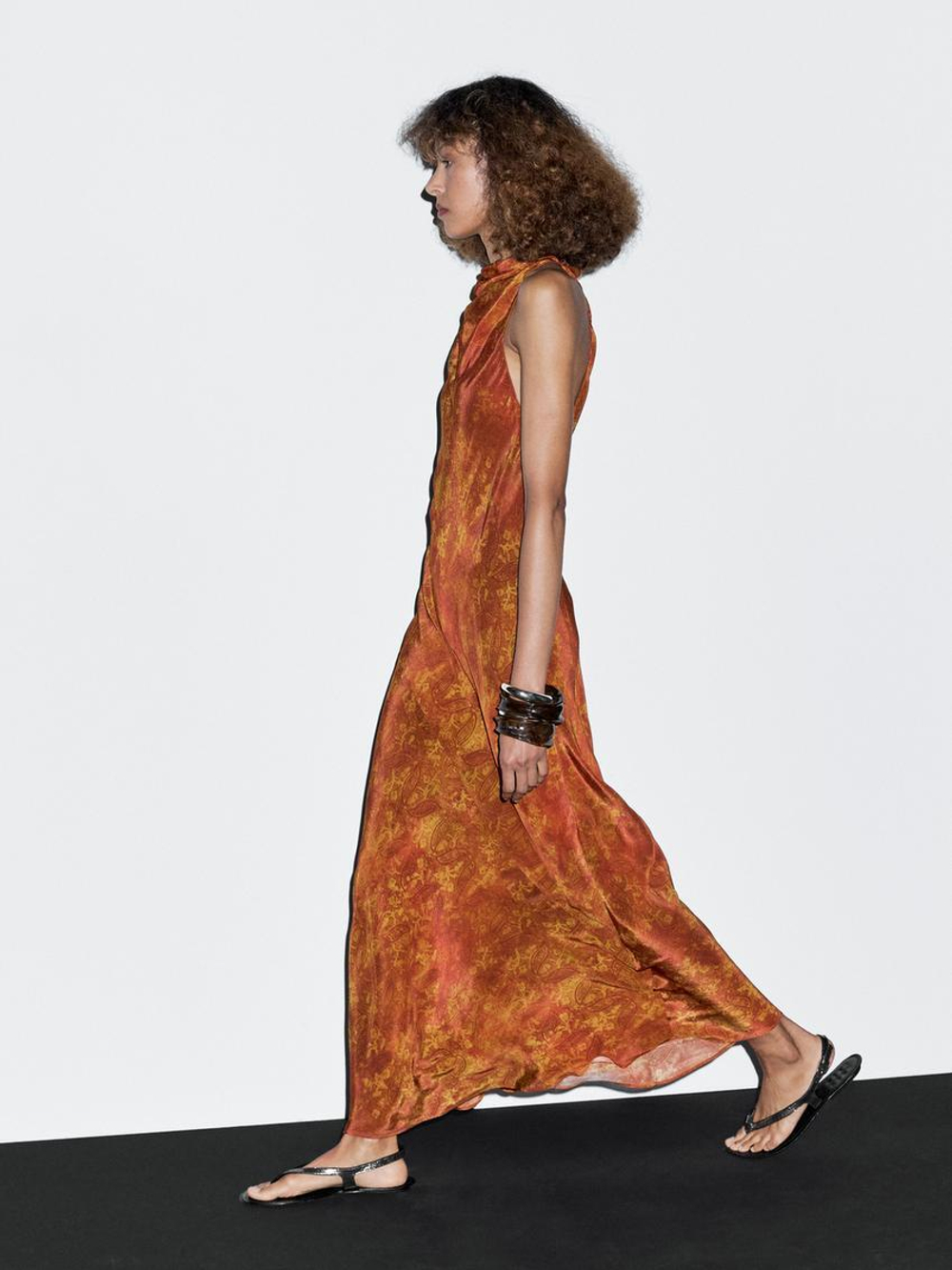 Massimo Dutti Длинное платье из струящейся ткани с принтом, оранжевый