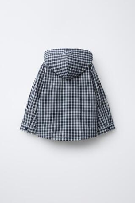 ZARA КУРТКА-РУБАШКА В КЛЕТКУ С КАПЮШОНОМ, СИНИЙ