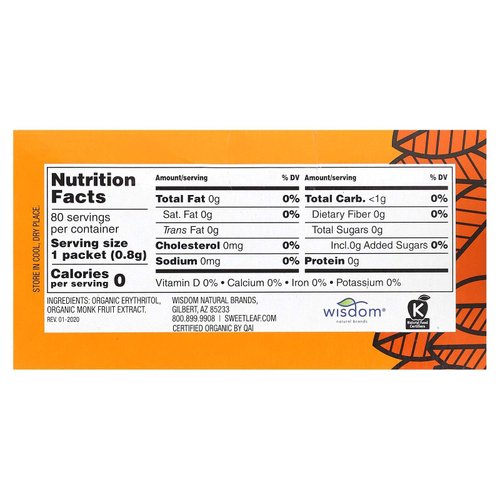 SweetLeaf Stevia, Органический подсластитель в гранулах Monk Fruit, 80 пакетиков, 64 г (2,26 унции)