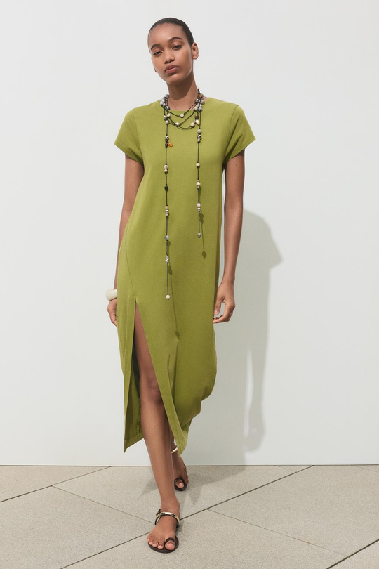 ZARA ПЛАТЬЕ МИДИ С ЭФФЕКТОМ ПОТЕРТОСТИ, ЦВЕТ МХА