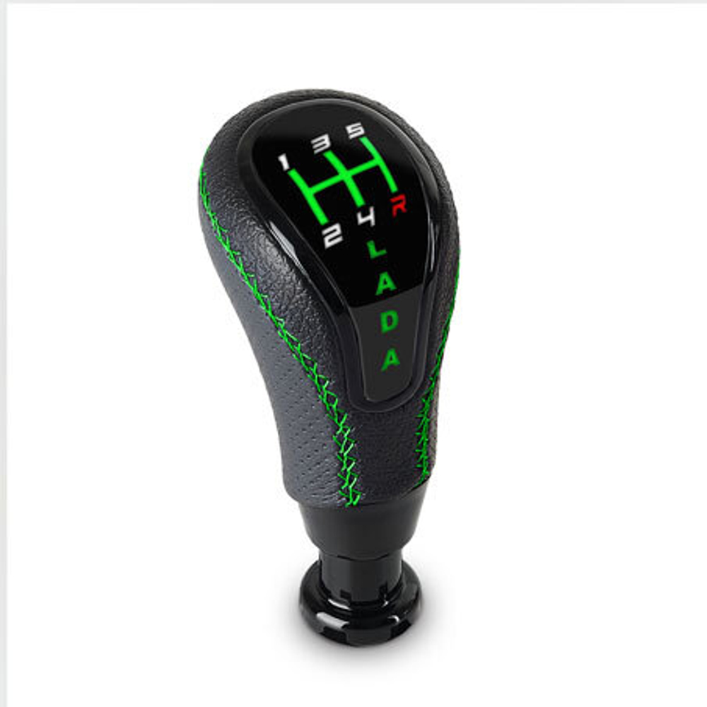 Ручка КПП с белой LED-подсветкой для ЛАДА Калина 2 экокожа, синяя, черный глянец