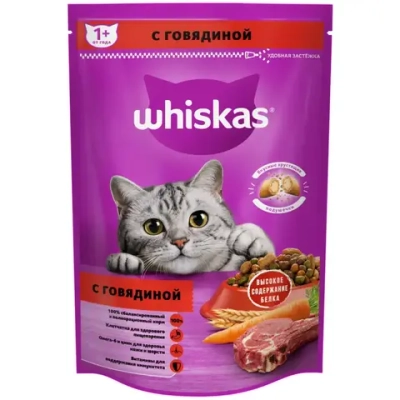 Whiskas вкусные подушечки с нежным паштетом, сухой корм для взрослых кошек, аппетитный обед с говядиной - 350 г