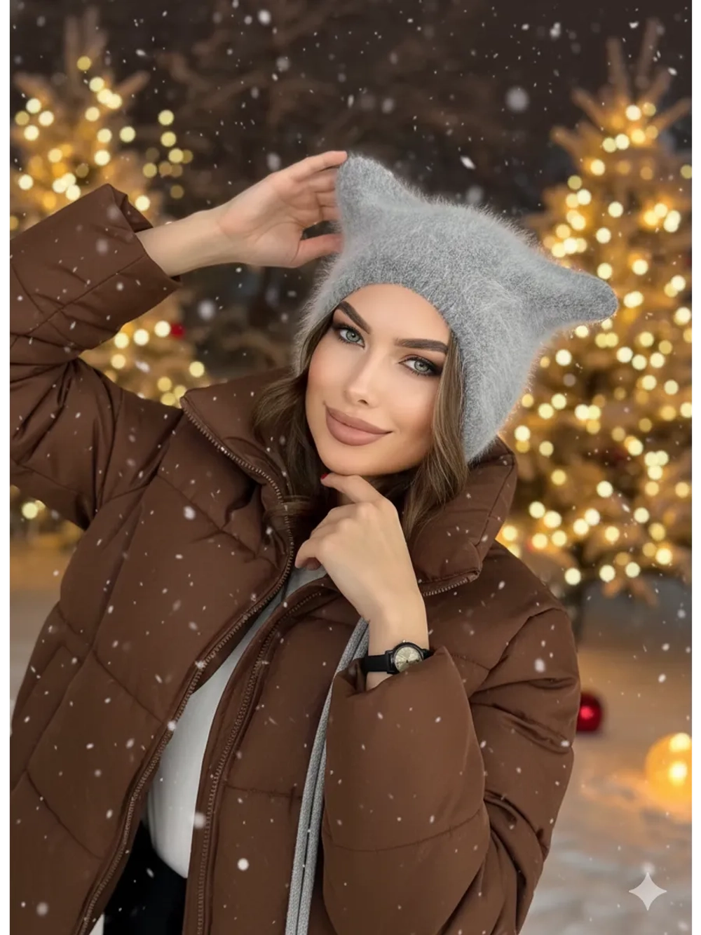 Шапка с ушками зимняя ангора вязаная