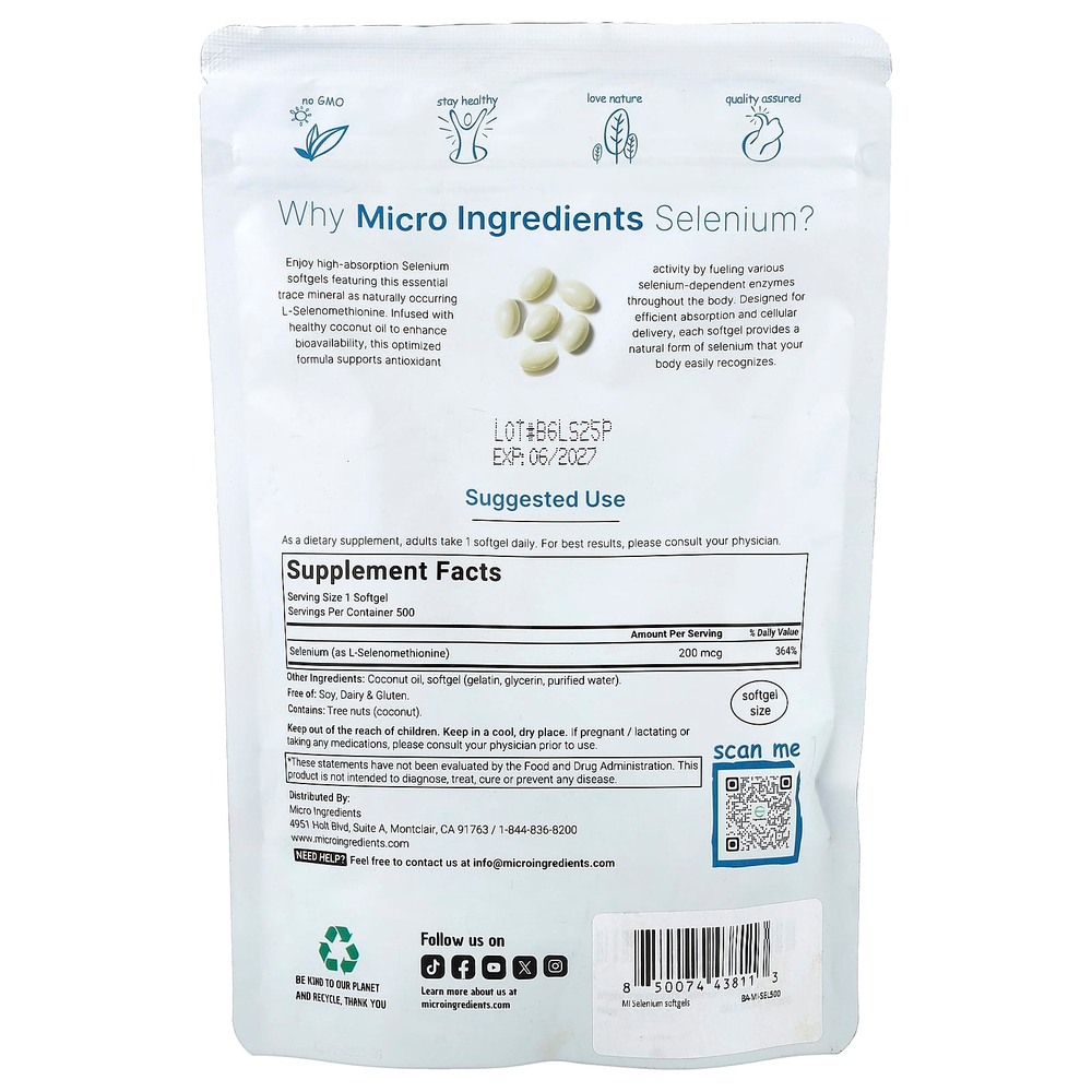 Micro Ingredients, селен, 200 мкг, 500 капсул