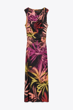 ZARA ПЛАТЬЕ МИДИ С ПРИНТОМ И АППЛИКАЦИЕЙ, РАЗНОЦВЕТНЫЙ