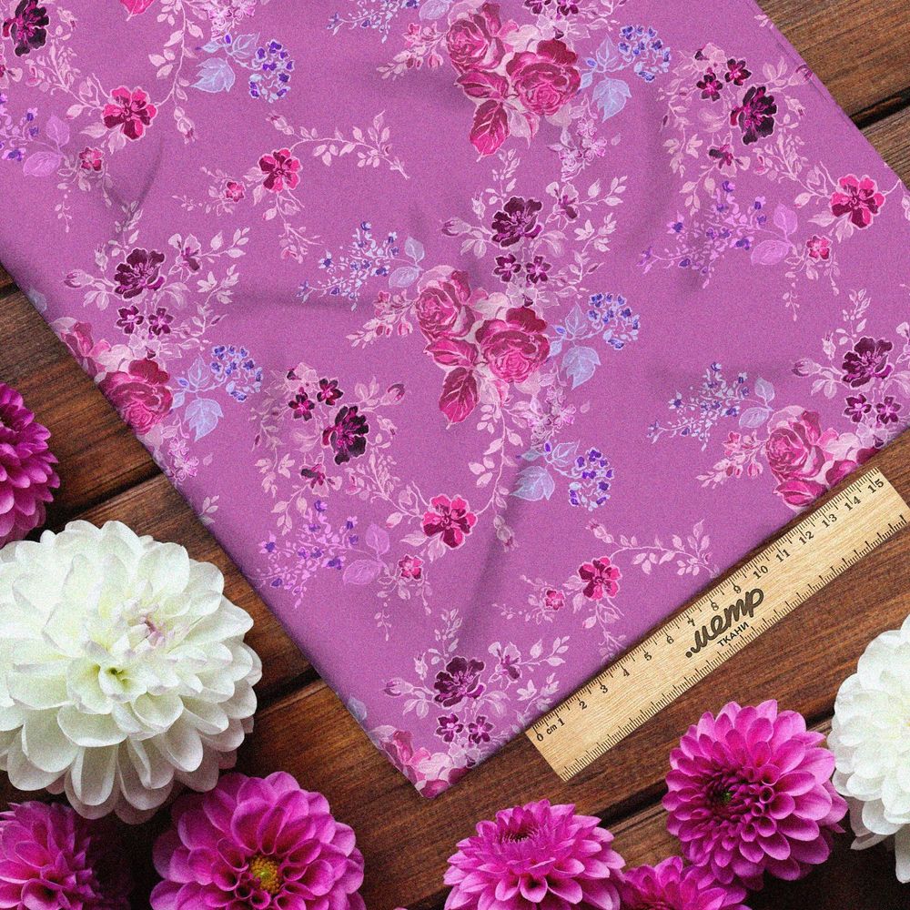 Ткань флис розы с веточками листьев