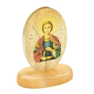 Икона из селенита "Георгий победоносец" на подставке, 45*25*65 мм.