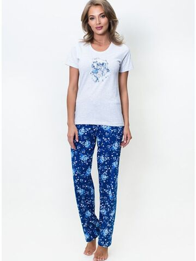 Домашний комплект с прямыми принтованными брюками (Размер: M) (Цвет: серый с синим)