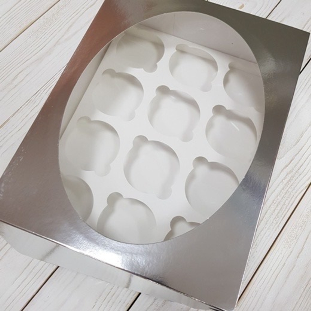Коробка под капкейки с окошком 320*235*100 мм (12) (серебро)