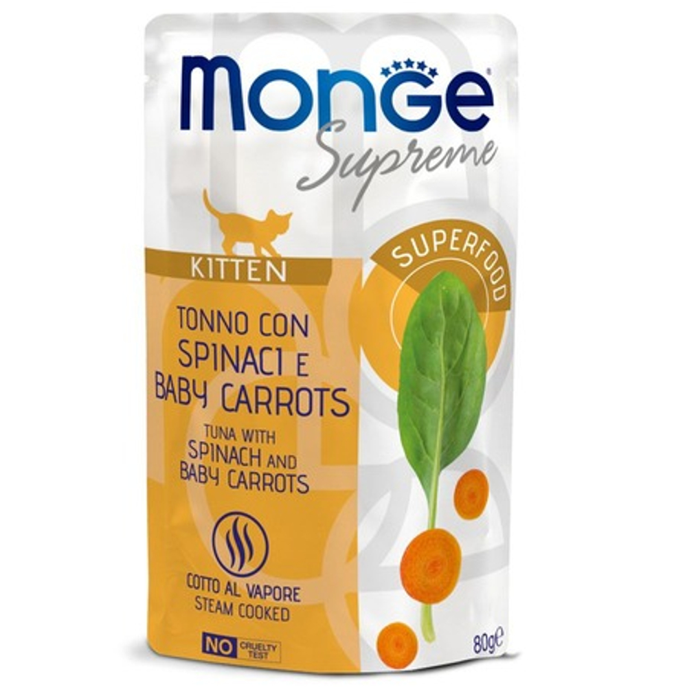 Влажный корм Monge Supreme kitten для котят из тунца со шпинатом и мини-морковью, паучи 80 г - 24 шт