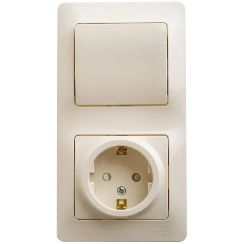 GLOSSA БЛОК: РОЗЕТКА с заземлением со шторками + 1-клавишный ВЫКЛЮЧАТЕЛЬ, БЕЖЕВЫЙ