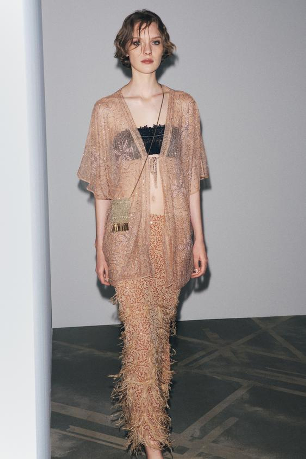 ZARA ЮБКА С ПАЙЕТКАМИ И ПЕРЬЯМИ, КОРИЧНЕВЫЙ