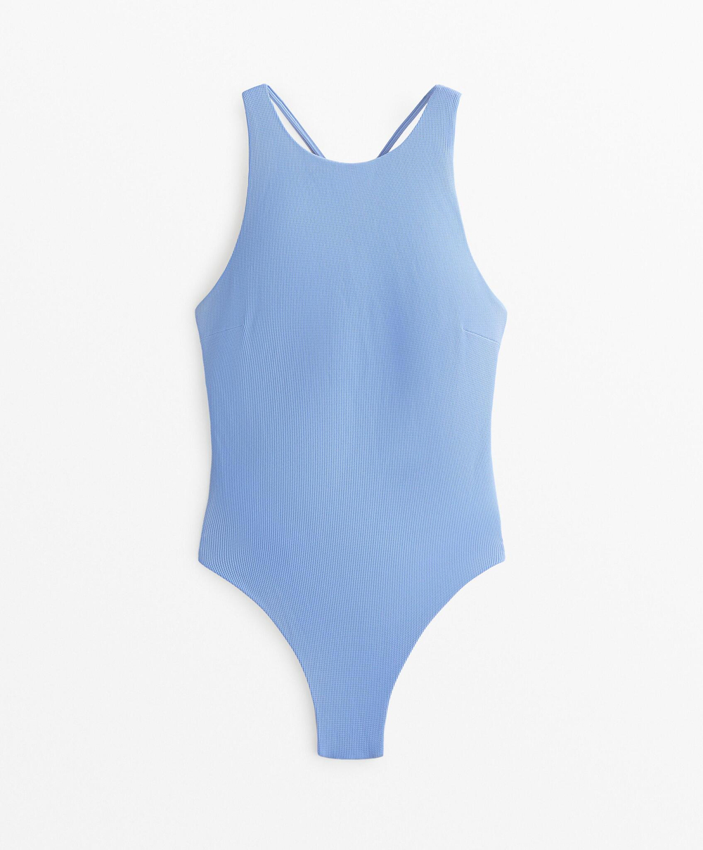 OYSHO Купальник пике с перекрещенными бретелями и бретельками на шее, голубой