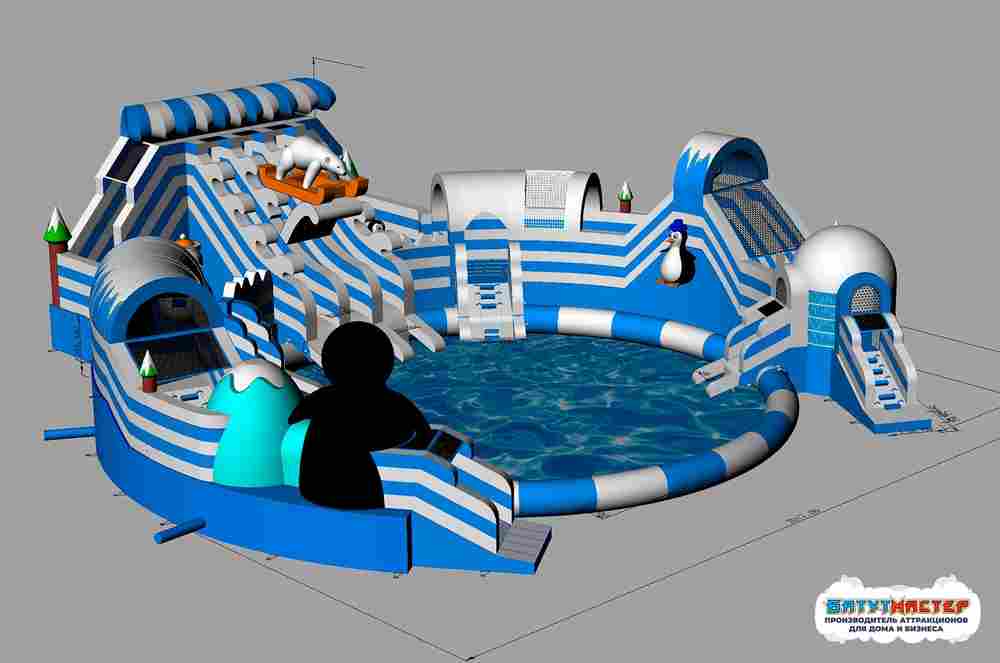 Надувной наземный аквапарк «Морское царство 3» с фигурой пингвина, 21*20*6 м