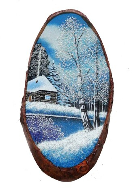 Срез дерева " Зимовка" рисованный каменной крошкой 31-14-1.5см