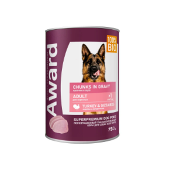 Влажный корм AWARD для взрослых собак кусочки с индейкой и желудочками в соусе 750г - 12 шт